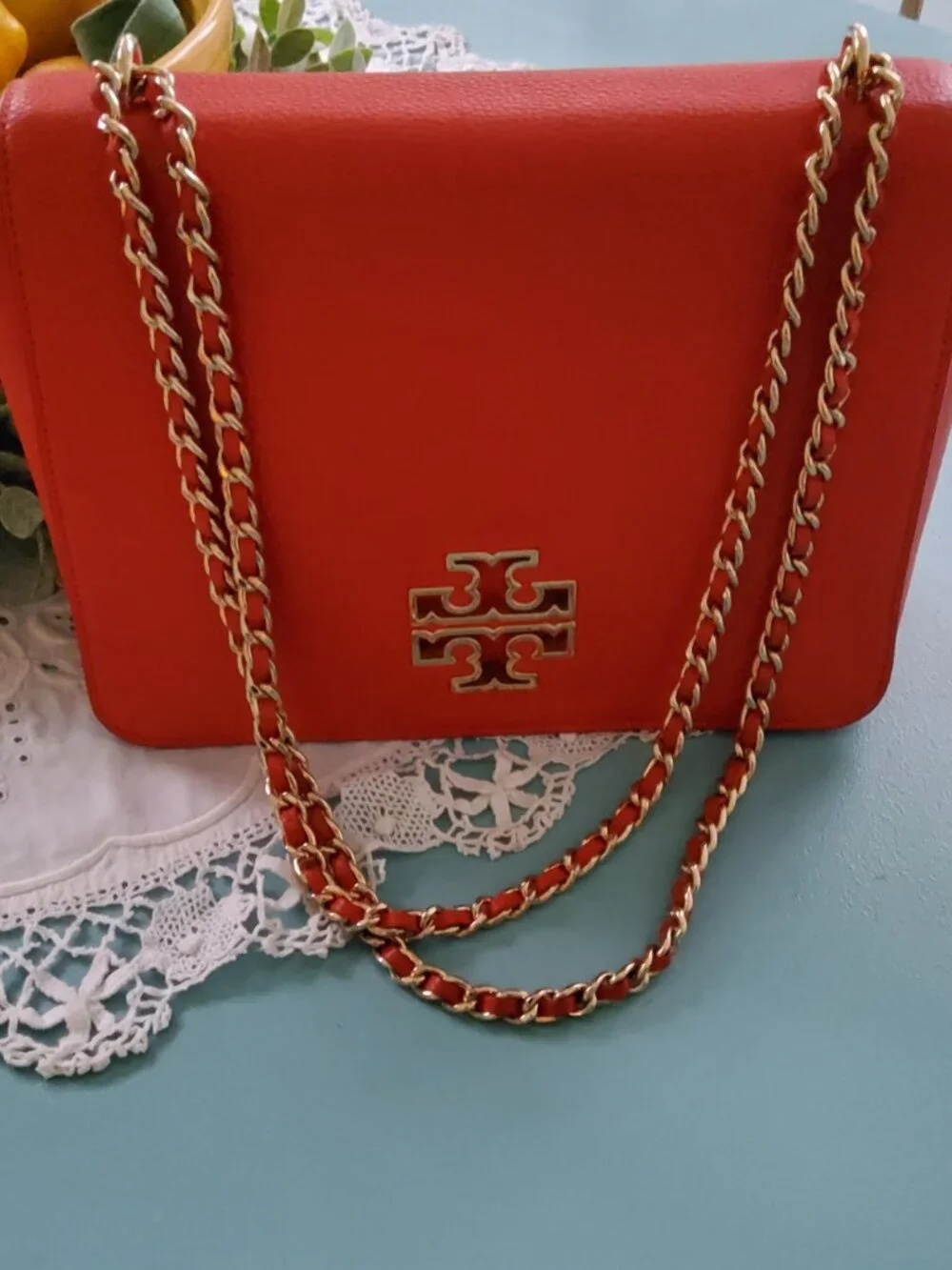 Tory Burch Large Flap Crossbody in Orange with Chain Strap